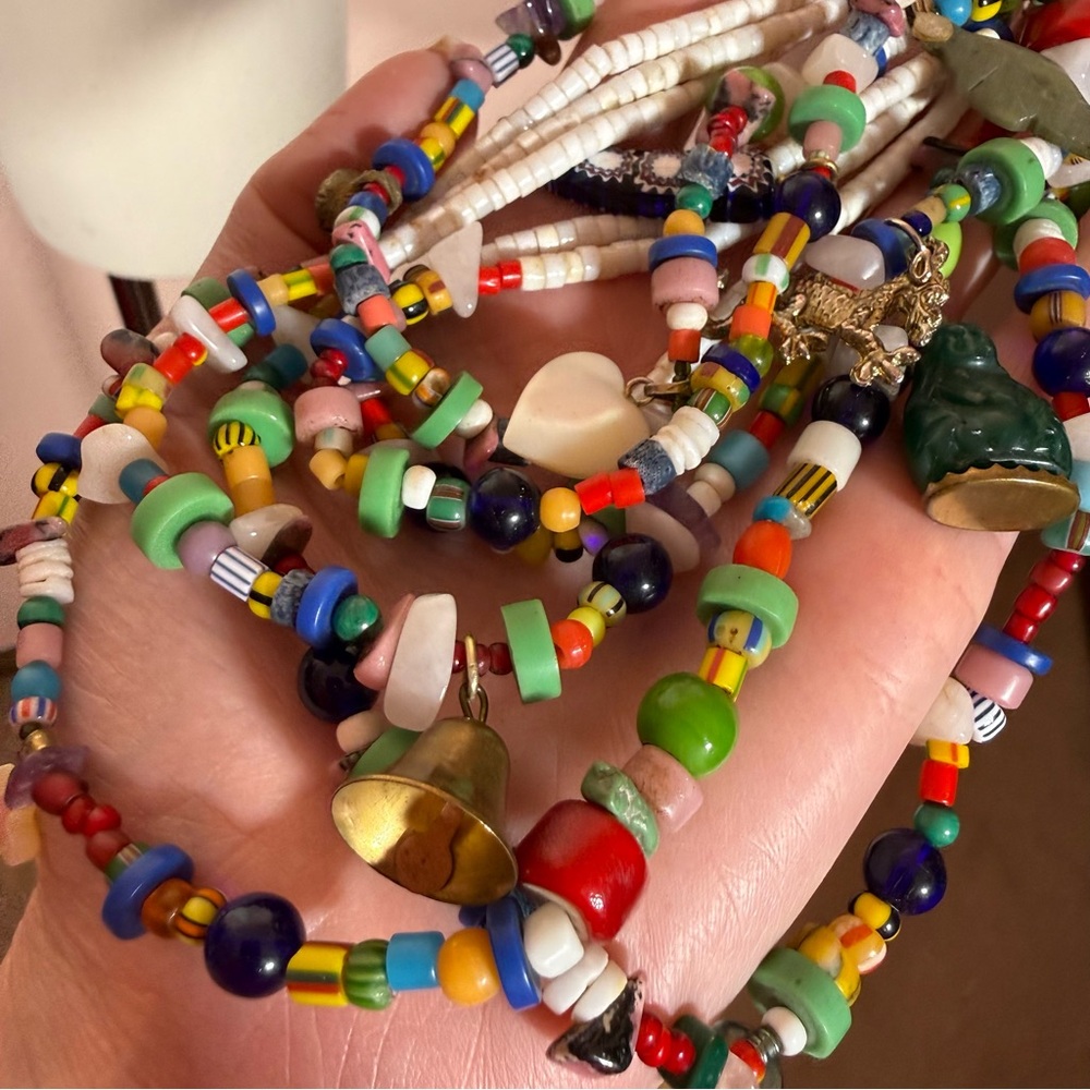 Vintage stone southwestern Multi strand Charm fetish long festival Necklace